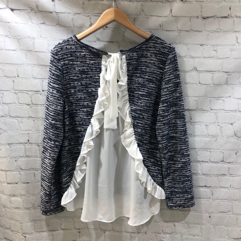 Melloday Top Ruffle Back Faux Blouse Blue White Size Large - Picture 4 of 9